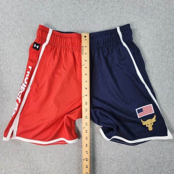 Under Armour Project Rock USA Loose Fit Mesh Shorts Mens M Red White Blue Pocket - Picture 10 of 16